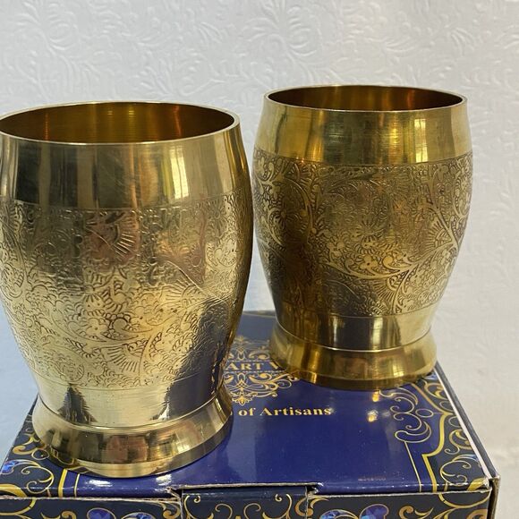 2 Indian Art Villa Decorative Brass Cups - Picture 3 of 14